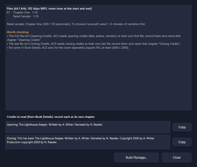 The ACX Delivery Package window listing the files it will build, things worth checking, and the opening and closing credits to read.
