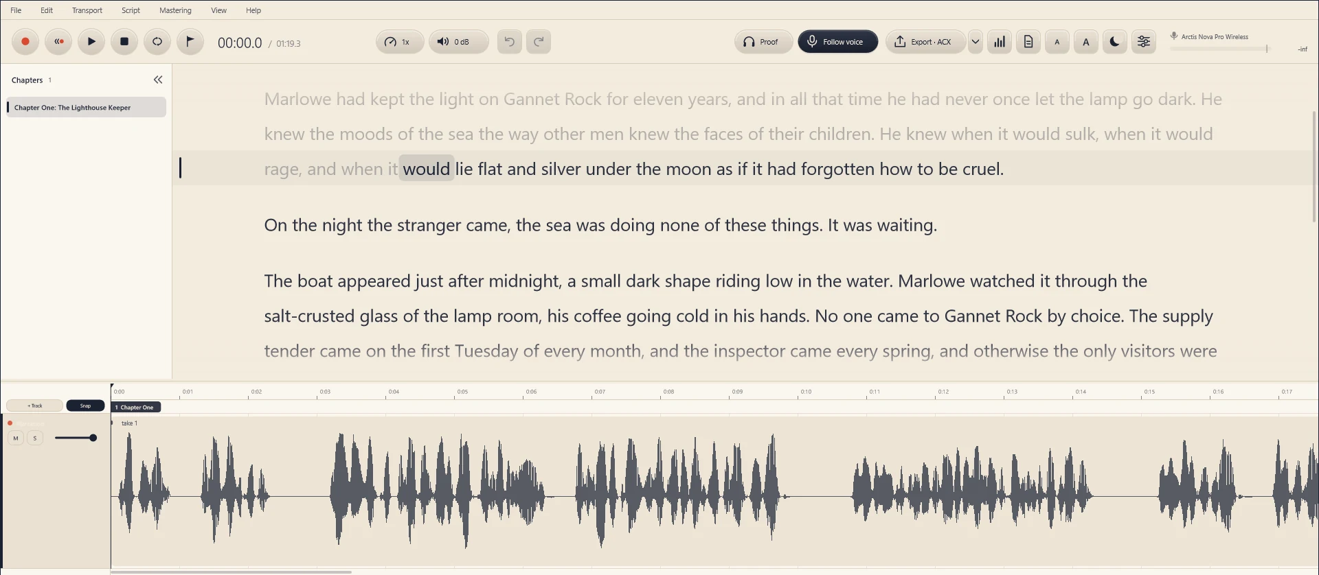 Narration Studio in the light theme with Follow Voice switched on in the toolbar, the word being read highlighted and the lines already read dimmed.