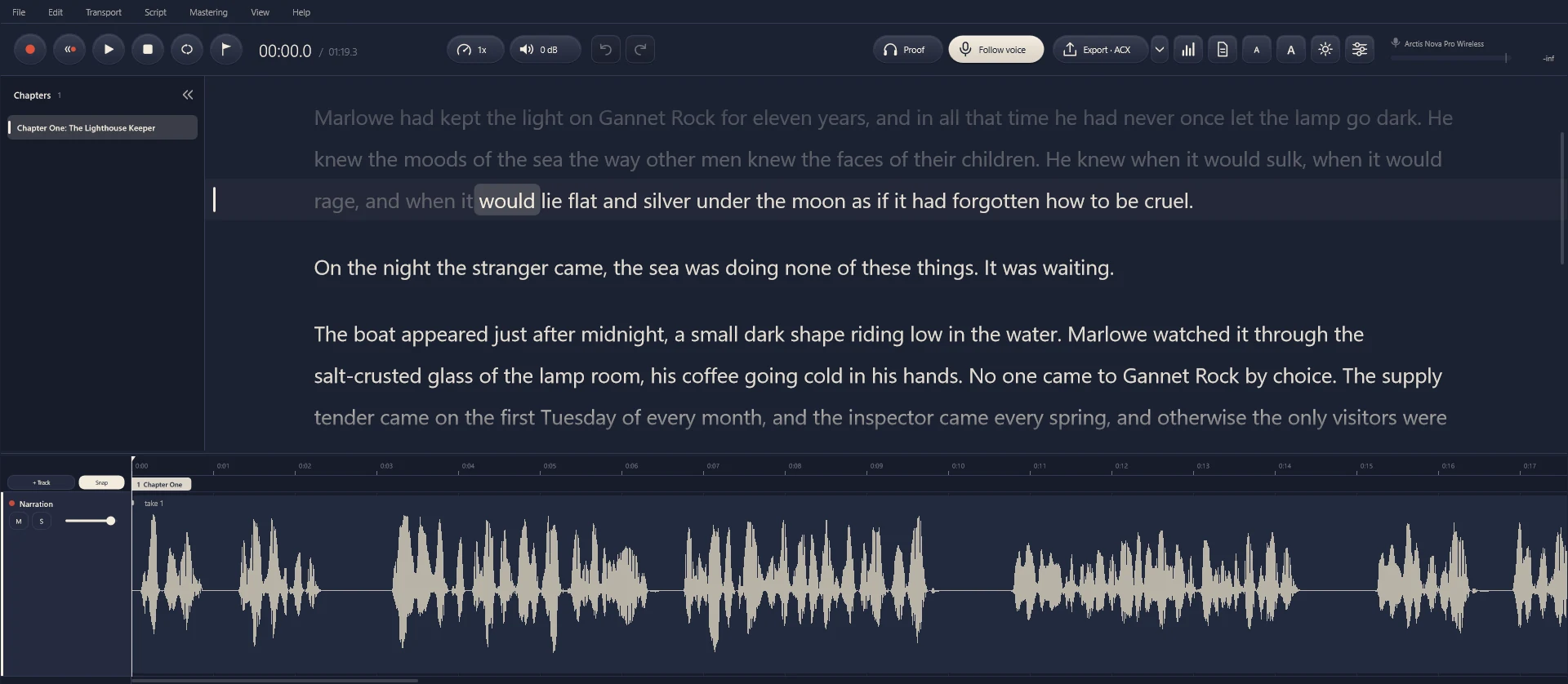 Narration Studio with a chapter of a novel in the script pane, the current word highlighted, and the recorded take as a waveform underneath.