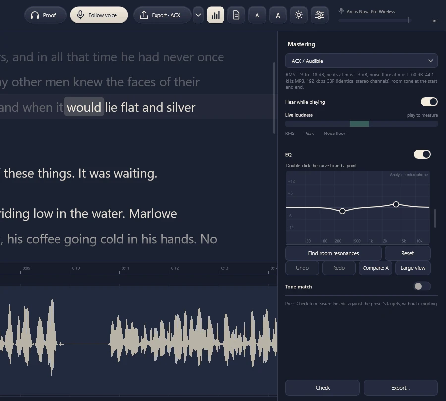 The Mastering panel showing the EQ curve, with buttons to find room resonances and compare settings.