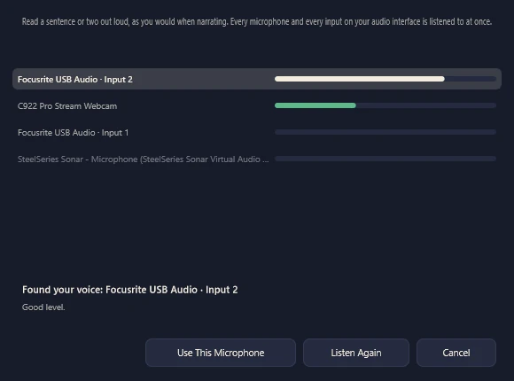 Find My Microphone listening to every input at once and reporting which one picked up the narrator's voice, with a good level.